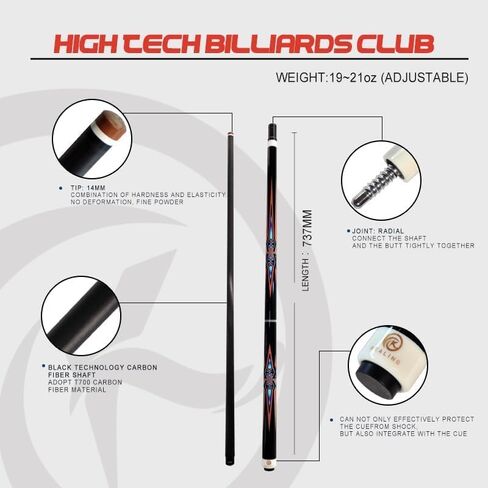 Billiard Cue 58" 19-21oz 1/2 Joint Carbon Fiber Pool Cue Stick 14mm Break Cube in Saudi Arabia