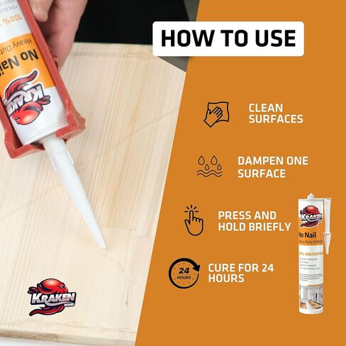Kraken Bond No More Nails Heavy Duty Clear Adhesive - (1x10.1 Fl Oz) 100% Waterproof & Extra Strong Polyurethane Construction Sealant for Wood, Ceramic, Tile, Floor, Granite, Rubber - 1 Pack in Kuwait