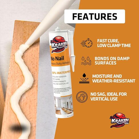 Kraken Bond No More Nails Heavy Duty Clear Adhesive - (1x10.1 Fl Oz) 100% Waterproof & Extra Strong Polyurethane Construction Sealant for Wood, Ceramic, Tile, Floor, Granite, Rubber - 1 Pack in Kuwait