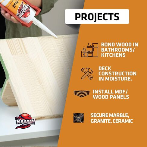 Kraken Bond No More Nails Heavy Duty Clear Adhesive - (1x10.1 Fl Oz) 100% Waterproof & Extra Strong Polyurethane Construction Sealant for Wood, Ceramic, Tile, Floor, Granite, Rubber - 1 Pack in Kuwait