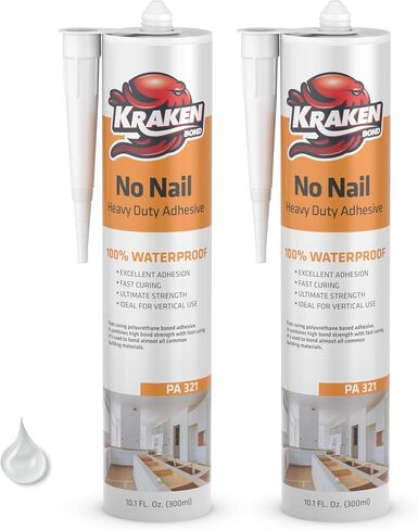Kraken Bond No More Nails Heavy Duty Clear Adhesive - (1x10.1 Fl Oz) 100% Waterproof & Extra Strong Polyurethane Construction Sealant for Wood, Ceramic, Tile, Floor, Granite, Rubber - 1 Pack in Kuwait