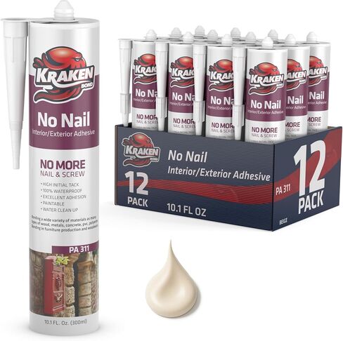 Kraken Bond No More Nails Heavy Duty Clear Adhesive - (1x10.1 Fl Oz) 100% Waterproof & Extra Strong Polyurethane Construction Sealant for Wood, Ceramic, Tile, Floor, Granite, Rubber - 1 Pack in Kuwait