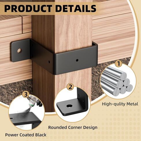 3 Pcs 4" x 4" Strap Post Ties - Heavy Duty Deck Fence Brackets for 4"x4" Wood Post Beam, Gazebo Mounting Brackets - 2mm Thick - Black in Kuwait