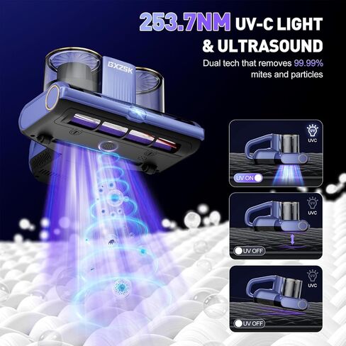 منظف ​​فراغ المراتب ، نظافة فراغ السرير 16 كيلو باسكال مع ضوء 253.7nm UV-C ، بالموجات فوق الصوتية و 140 ℉ التدفئة ، الكوب المزدوج وتوسيع مكنسة الشفط باليد للسرير ، الأريكة ، الأريكة ، السرير (500 واط) in Kuwait