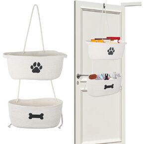 2-Tier Dog Baskets,Over Door Hanging Oganizer for Pet Stuff with Metal Hooks,Cotton Rope Wall-Mounted Storage Organizer for Dog Leash/Harness/Small Toys/Trash bag - Black in Kuwait
