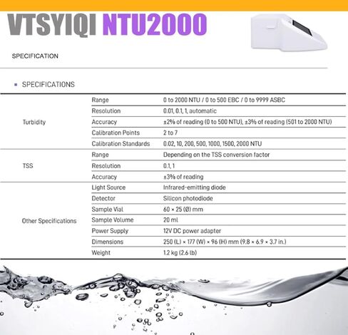 مجموعة التعكر الرقمية العكرية الرقمية عدادات التعكر Nephelometer مع المدى 0 ~ 2000 NTU/FNU 0 ~ 500 EBC 0 ~ 9999 ASBC 7 Point Calibration 4 PCS حلول سائلة حلول الجسيمات المعلقة in Kuwait