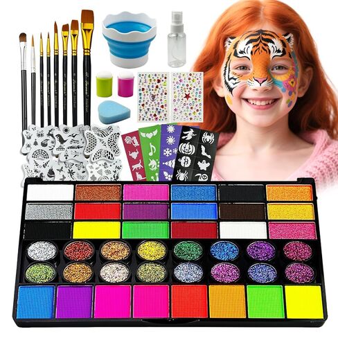 Professional Face Painting Kit for Kids,42 Color Water Activated Face Paint with Stencils,Brush,Wash Cup,Spray Bottle for Halloween, Parties, Carnival, School Event & Festivals (42-Color) in Saudi Arabia
