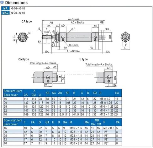 1pcs Mini Stainless Steel Pneumatic Cylinder MAC16 MAC25 MAC32 MAC40 Stroke 25-20mm(ST 75mm,Bore 20mm) in Kuwait