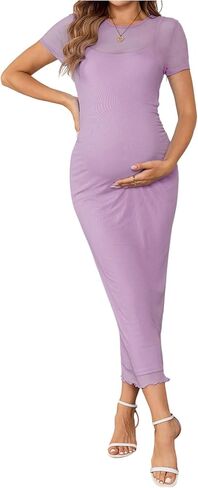 OYOANGLE Women's Maternity Dress Sheer Short Sleeve Crew Neck Bodycon Long Dresses in Kuwait