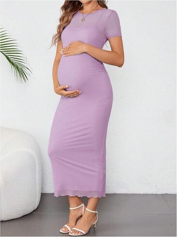 OYOANGLE Women's Maternity Dress Sheer Short Sleeve Crew Neck Bodycon Long Dresses in Kuwait
