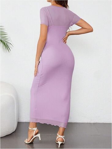 OYOANGLE Women's Maternity Dress Sheer Short Sleeve Crew Neck Bodycon Long Dresses in Kuwait