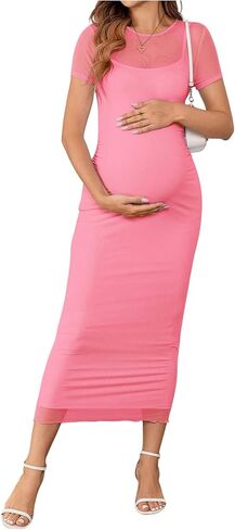 OYOANGLE Women's Maternity Dress Sheer Short Sleeve Crew Neck Bodycon Long Dresses in Kuwait