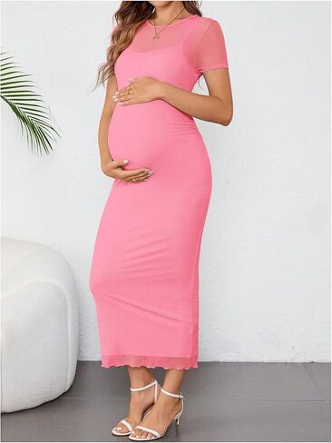 OYOANGLE Women's Maternity Dress Sheer Short Sleeve Crew Neck Bodycon Long Dresses in Kuwait