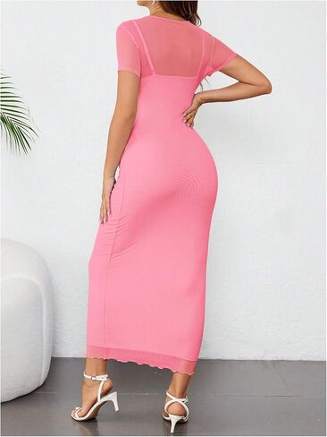 OYOANGLE Women's Maternity Dress Sheer Short Sleeve Crew Neck Bodycon Long Dresses in Kuwait