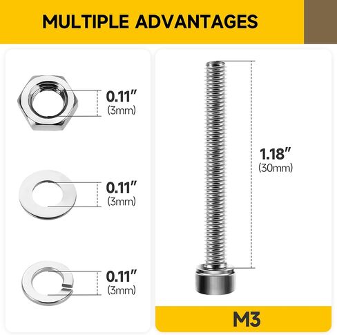 Mywish (100sets) M3 Screw Kit ، M3 × 30 مم من مسامير غطاء رأس المقبس البراغي ، 304 براغي محرك أقراص المقبس الفولاذ المقاوم للصدأ ، مسامير M3 مشرق مع المكسرات والغسالات و Shex Spanner in Kuwait