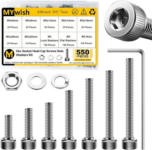 Mywish (100sets) M3 Screw Kit ، M3 × 30 مم من مسامير غطاء رأس المقبس البراغي ، 304 براغي محرك أقراص المقبس الفولاذ المقاوم للصدأ ، مسامير M3 مشرق مع المكسرات والغسالات و Shex Spanner in Kuwait