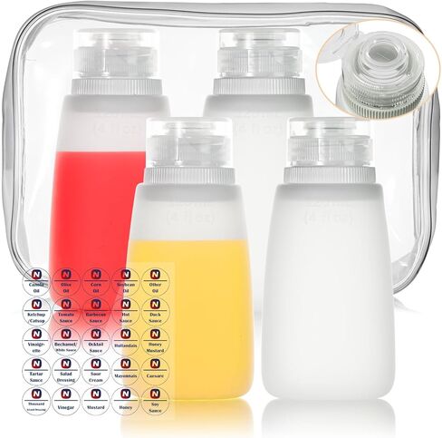 Condiment Squeeze Bottles for Ketchup Hot Sauce Liquids Oil with Caps for Condensed Milk and Mustard Salad Dressing Dispenser Silicone Bottles (Translucent, 4 oz * 4 Pack) in Kuwait