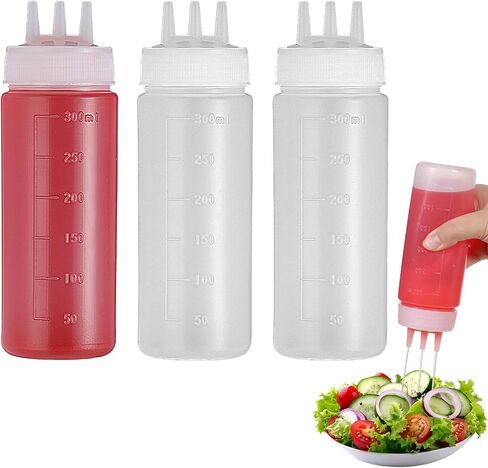 3 Pack 3 Hole Squeeze Bottle 300ml/10oz Ketchup Dispensers Container Plastic Condiment Squirt Bottles Kitchen Arts Crafts Accessories for Tomato Sauce Oil Vinegar Salad Mustard Syrup BBQ in Saudi Arabia