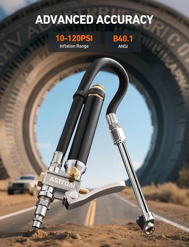 AstroAI T3 Heavy-Duty Tire Pressure Gauge with Inflator, Dual Head Chuck ANSI B40.1 Accurate Air Chuck with Pressure Gauge, 10-120 PSI, Compatible with 1/4" NPT Air Compressor in Kuwait