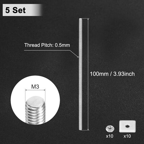5-Set Fully Threaded Rod, M3x190mm 304 Stainless Steel Right Hand Thread Bar Studs with Nuts and Washers for Furniture Anchor Bolts/Clamps/U-Bolts, Metric Threaded Screw in Saudi Arabia