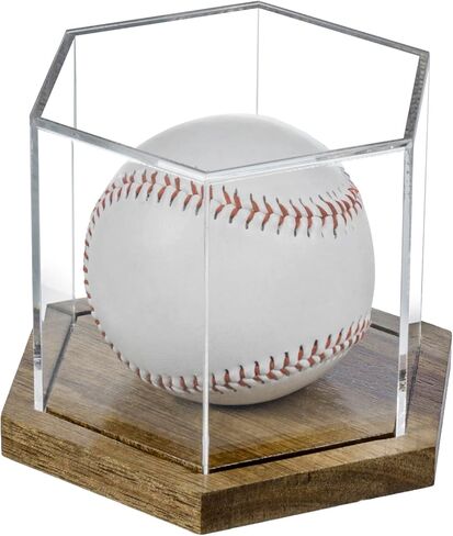 MyGift Premium Acacia Solid Wood and Clear Acrylic Hexagonal One Baseball Display Case, Collectible Signed Autograph Game Ball Holder Wooden Base Gift Box in Saudi Arabia