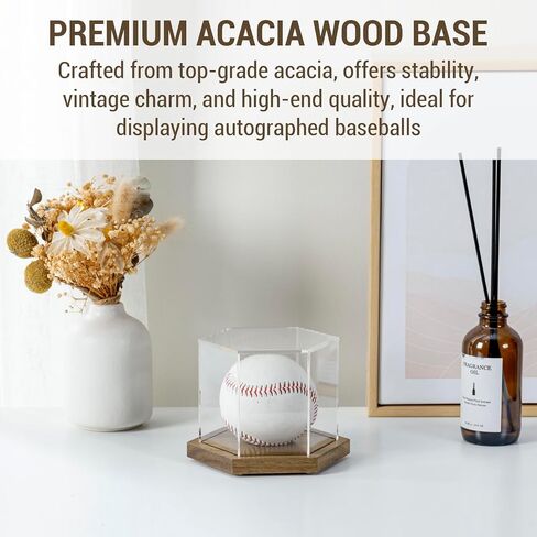 MyGift Premium Acacia Solid Wood and Clear Acrylic Hexagonal One Baseball Display Case, Collectible Signed Autograph Game Ball Holder Wooden Base Gift Box in Saudi Arabia