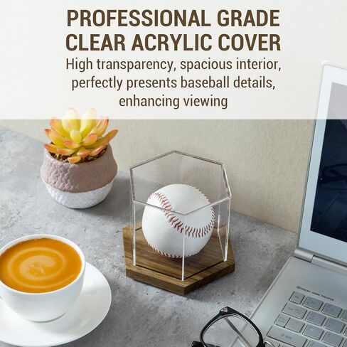 MyGift Premium Acacia Solid Wood and Clear Acrylic Hexagonal One Baseball Display Case, Collectible Signed Autograph Game Ball Holder Wooden Base Gift Box in Saudi Arabia