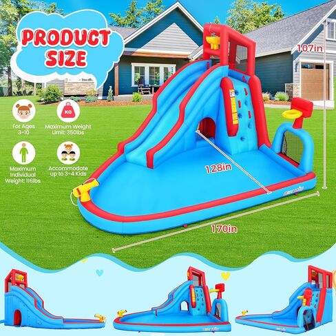 Whubefy Inflatable Water Slide for Kids Backyard, 14.2Ft Waterslide Park Bounce House W/Big Pool, Slide, Soccer Field, Dump Bucket, Obstacle Tunnel, 9in1 Blow Up Water Slides Inflatables for Kids Gift in Kuwait