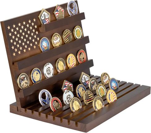 Challenge Coin Holder Display Stand, Wooden Stand Rack for Table Top Military Coin Holder Display Holds 80 Coins Deepened Anti-slip Grooves (Black) in Kuwait