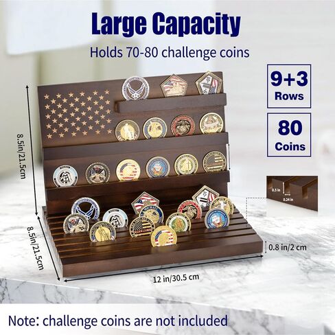 Challenge Coin Holder Display Stand, Wooden Stand Rack for Table Top Military Coin Holder Display Holds 80 Coins Deepened Anti-slip Grooves (Black) in Kuwait