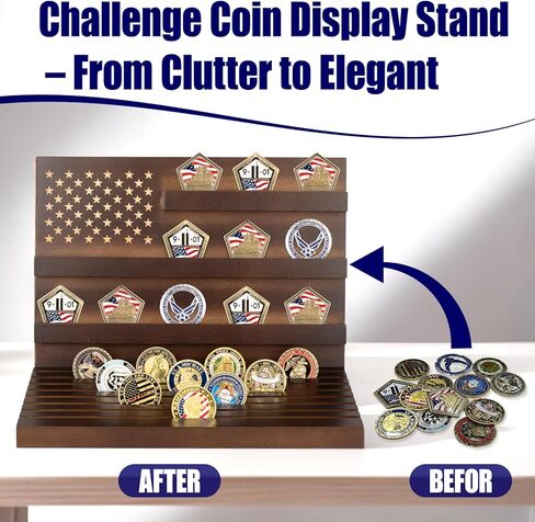 Challenge Coin Holder Display Stand, Wooden Stand Rack for Table Top Military Coin Holder Display Holds 80 Coins Deepened Anti-slip Grooves (Black) in Kuwait