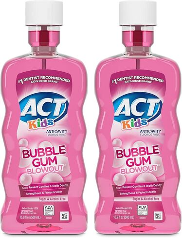ACT Kids Anticavity Fluoride Mouthwash, Sugar & Alcohol Free Mouth Rinse Strengthens Teeth, Bubble Gum Blowout, 16.9 fl. oz., 2pk in Kuwait