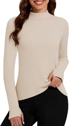 Bonneuitbebe Women's Thermal Shirts Fleece Lined Undershirt Mock Neck Ribbed Basic Tops Workout Base Layer with Thumb Hole in Kuwait