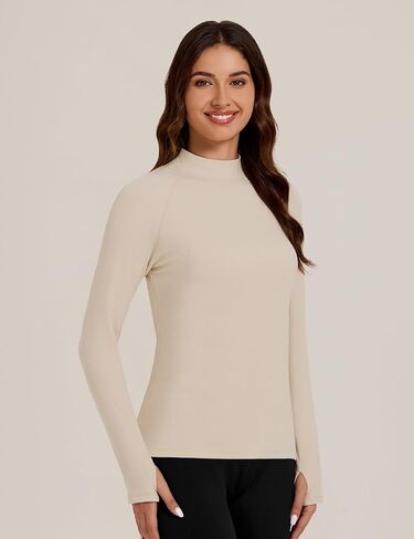 Bonneuitbebe Women's Thermal Shirts Fleece Lined Undershirt Mock Neck Ribbed Basic Tops Workout Base Layer with Thumb Hole in Kuwait