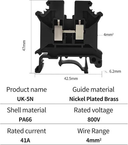 100pcs Black UK-5N Din Rail Wire Terminal Blocks Ground Wide Application for 800V 41A 24-10AWG 4mm Electrical Distribution Box Connector Screw Solar Power System Project PLC Industrial Control in Saudi Arabia