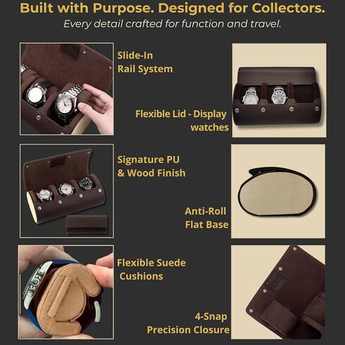 Watch Case Travel - 3 Slot Luxury Watch Cases for Men - Ideal Gift for Him - Caja para Relojes de Hombre. Dark Brown Vegan Leather & Wood - Guadians Nest (Dark Brown) in Saudi Arabia
