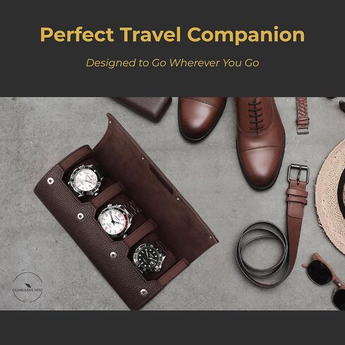 Watch Case Travel - 3 Slot Luxury Watch Cases for Men - Ideal Gift for Him - Caja para Relojes de Hombre. Dark Brown Vegan Leather & Wood - Guadians Nest (Dark Brown) in Saudi Arabia