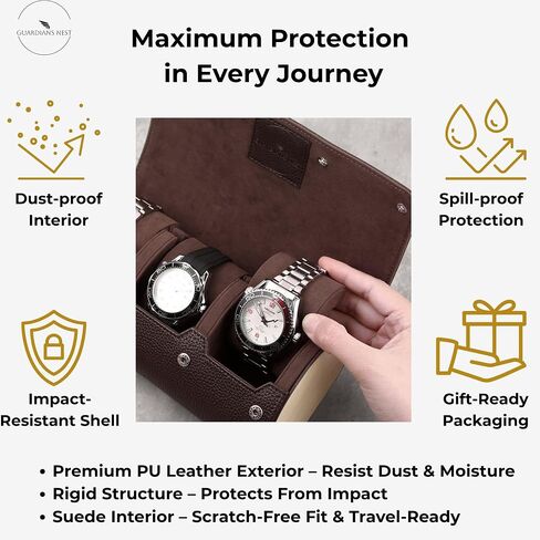 Watch Case Travel - 3 Slot Luxury Watch Cases for Men - Ideal Gift for Him - Caja para Relojes de Hombre. Dark Brown Vegan Leather & Wood - Guadians Nest (Dark Brown) in Saudi Arabia