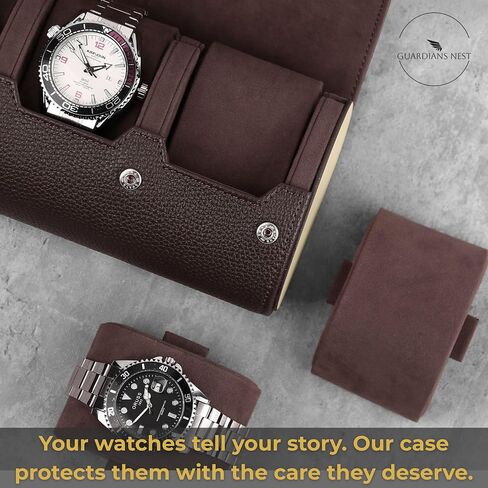 Watch Case Travel - 3 Slot Luxury Watch Cases for Men - Ideal Gift for Him - Caja para Relojes de Hombre. Dark Brown Vegan Leather & Wood - Guadians Nest (Dark Brown) in Saudi Arabia