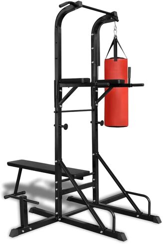 Versatile Power Tower with Sit-up Bench and Boxing Bag for Full-Body Workouts, Sturdy Base, Black in Saudi Arabia