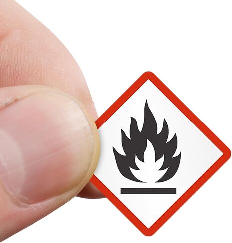 SmartSign (500/Roll) GHS Pictogram Flame Labels for Flammable Hazards - 1" x 1" Square, Plastic Labels (Aggressive Adhesive) with Polyolefin Film, Red/Black on White, Made in USA in Saudi Arabia