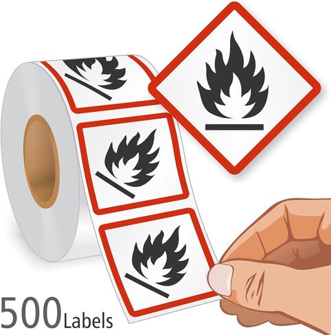 SmartSign (500/Roll) GHS Pictogram Flame Labels for Flammable Hazards - 1" x 1" Square, Plastic Labels (Aggressive Adhesive) with Polyolefin Film, Red/Black on White, Made in USA in Saudi Arabia