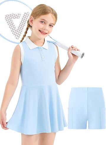 Girls Tennis Dress with Shorts Sleeveless Athletic Dress Polo Golf Outfit with 2 Pockets for Sports Workout in Kuwait