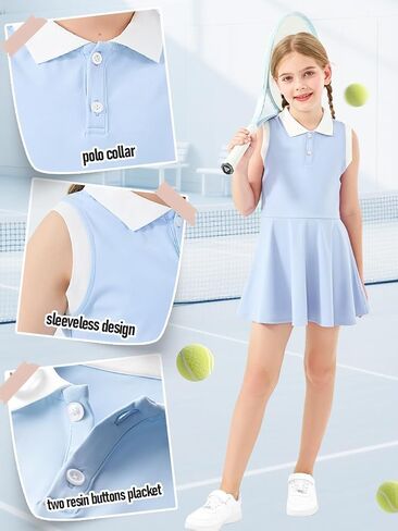 Girls Tennis Dress with Shorts Sleeveless Athletic Dress Polo Golf Outfit with 2 Pockets for Sports Workout in Kuwait
