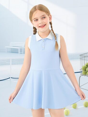 Girls Tennis Dress with Shorts Sleeveless Athletic Dress Polo Golf Outfit with 2 Pockets for Sports Workout in Kuwait