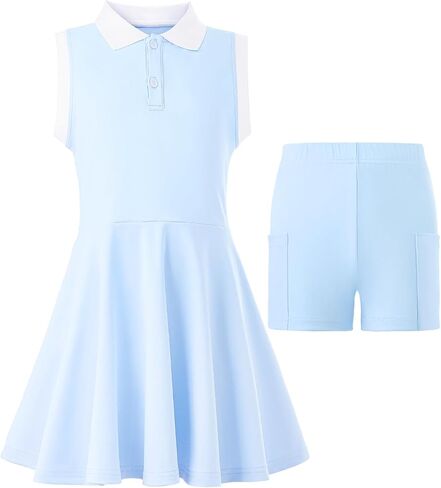 Girls Tennis Dress with Shorts Sleeveless Athletic Dress Polo Golf Outfit with 2 Pockets for Sports Workout in Kuwait
