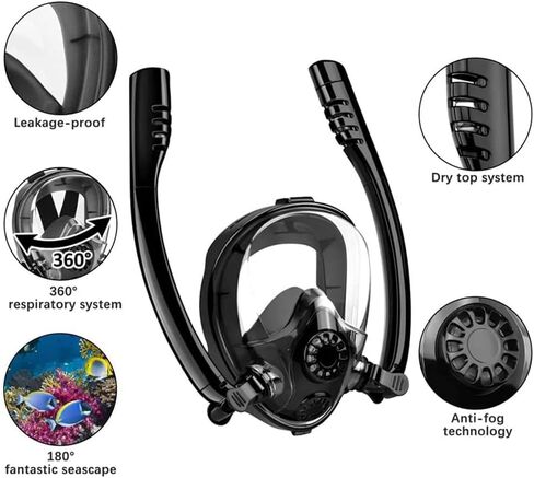 Snorkel Mask,Full face Snorkel Mask,Diving mask,Double Snorkel,Breath Separation,Anti Fog Anti Leak, 180 Degree Ultra Wide Angle,Suitable for Adults and Kids in Kuwait