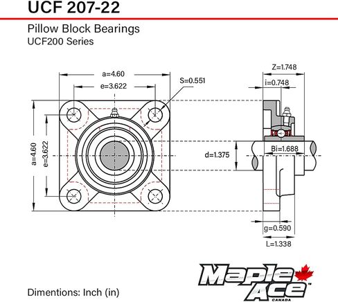 Maple Ace UCF207-22 Square Loving Bearing 1-3/8 "Bore ، 4-Bolt Selfing ، قاعدة صلبة ، ثقيلة (Qty 2) in Saudi Arabia