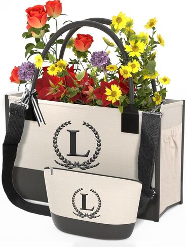 Monogrammed Canvas Tote Bag with Zipper Pockets - Ideal Gift for Mom, Teacher, Sister in Saudi Arabia