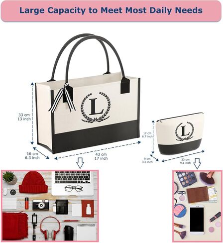 Monogrammed Canvas Tote Bag with Zipper Pockets - Ideal Gift for Mom, Teacher, Sister in Saudi Arabia